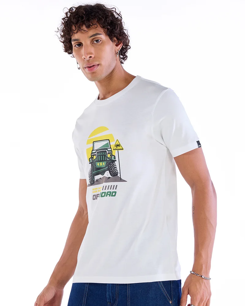 بيواكوف Men's White 4x4 Off Road Graphic Printed T-shirt